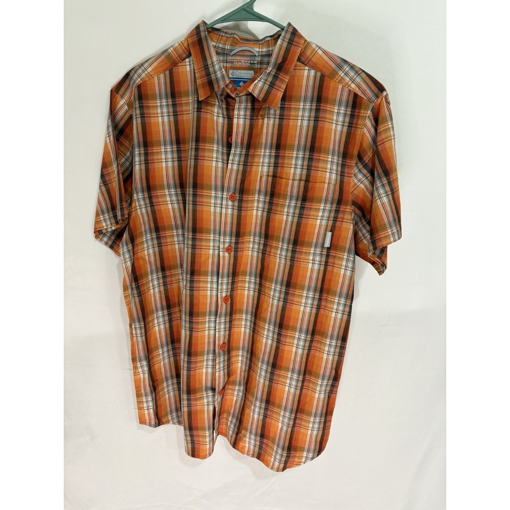 Columbia Mens L Orange Plaid Short Sleeve Button-Up Shirt Casual Omni-Shade